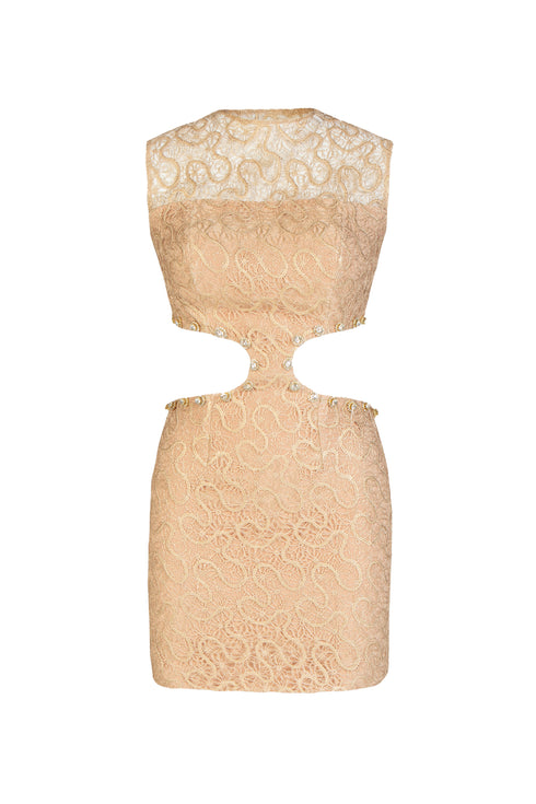 Stone Detailed Lace Mini Dress With Back Decollete